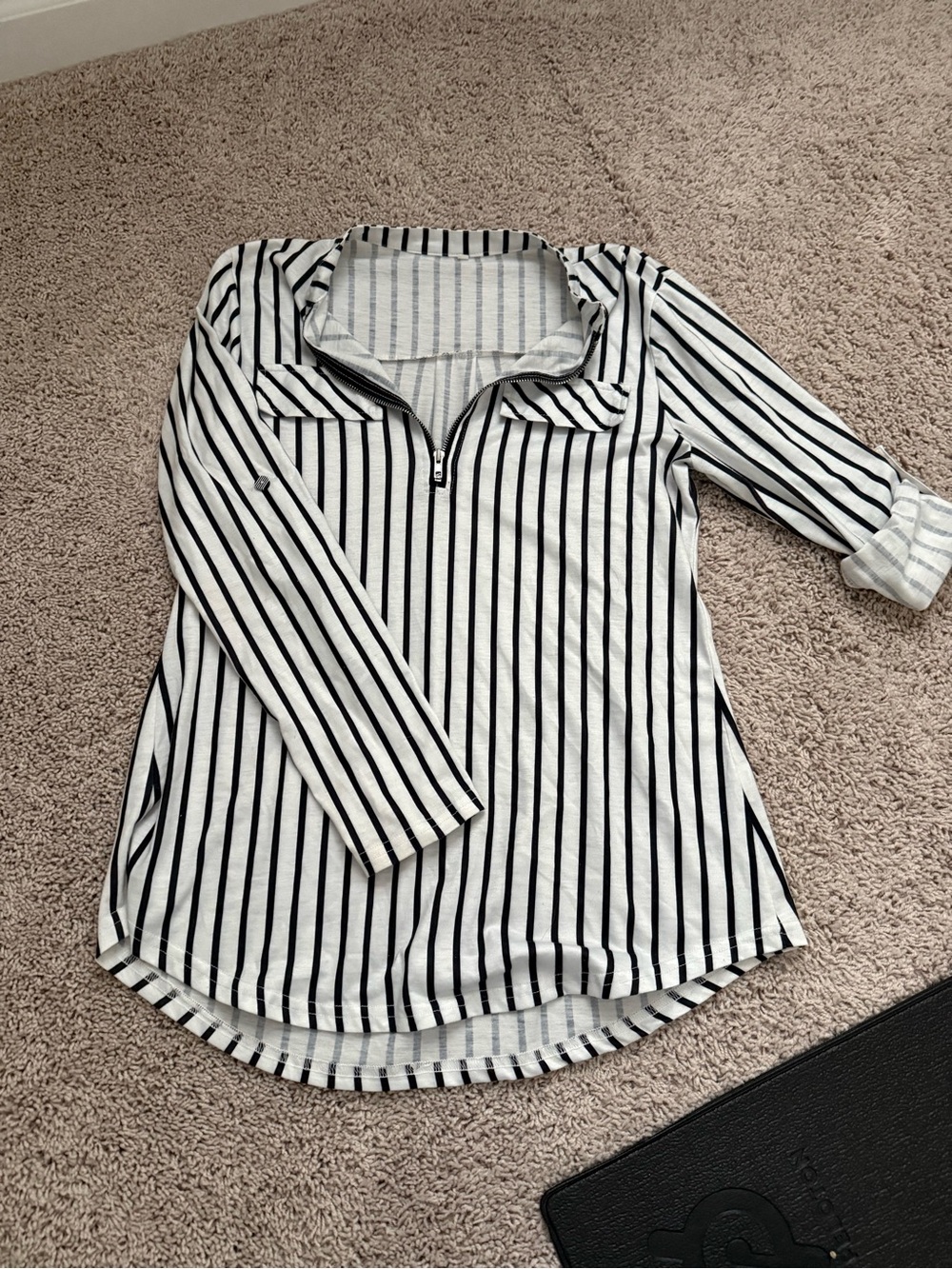 Amazon Black & White Striped Half-Zip Tunic Top